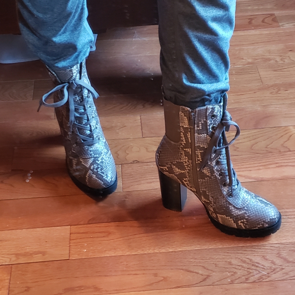 Gray Snake Print Vegan Leather Boots, Lace Up Ankle Boots